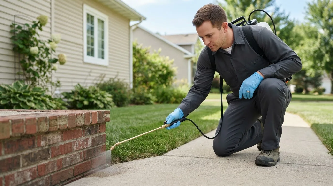 Pest control technician treating a home near Lewiston, MI